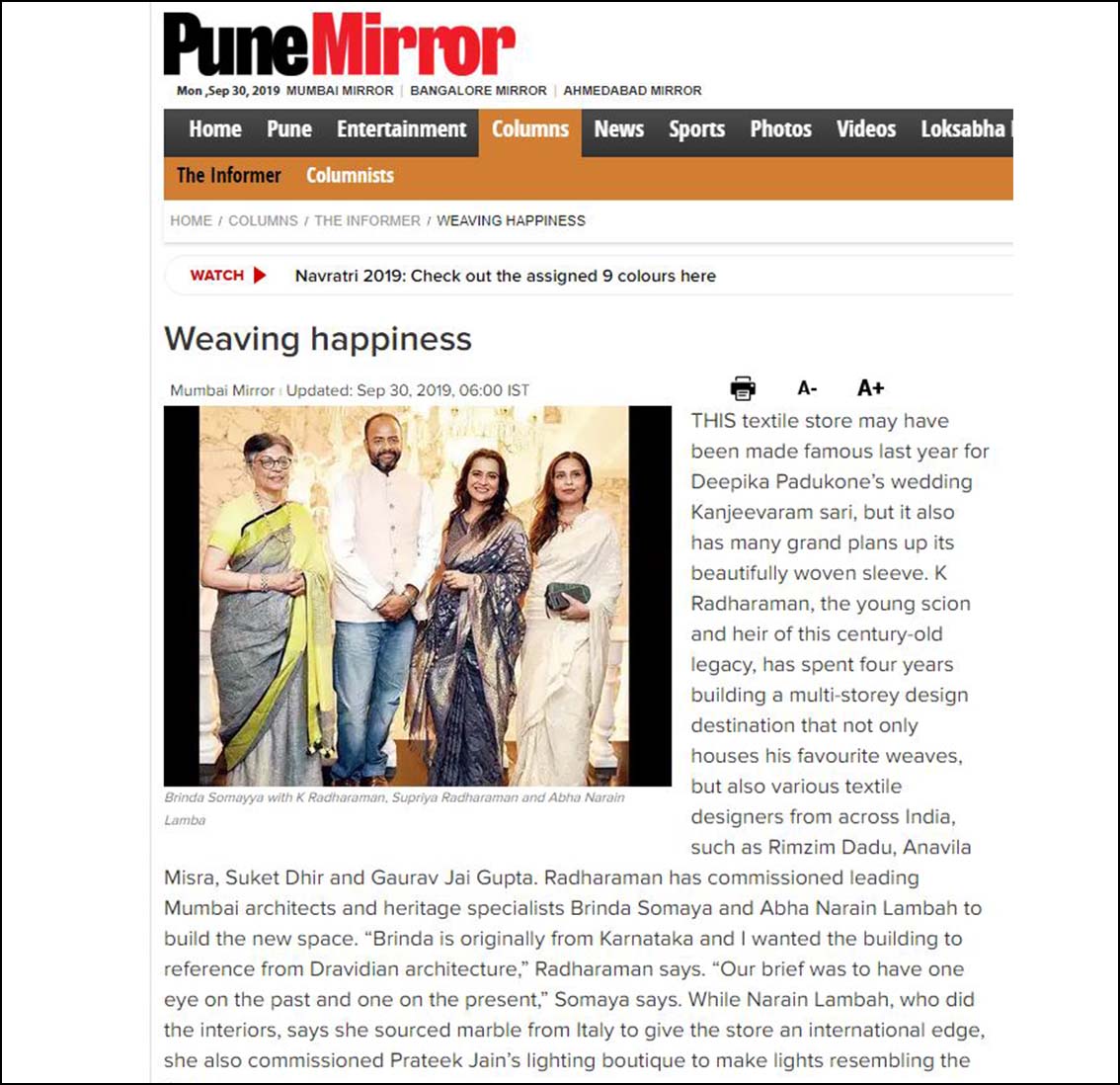 Weaving Happiness, Mumbai Mirror - September 2019